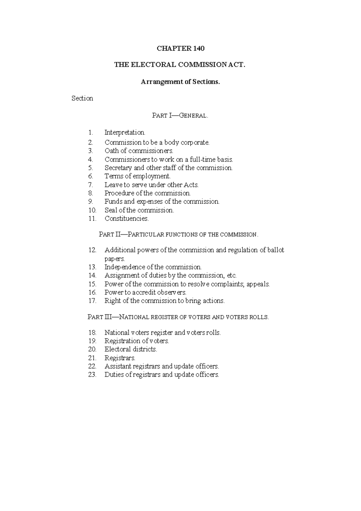CHAPTER 140: THE ELECTORAL COMMISSION ACT - Section Overview and ...