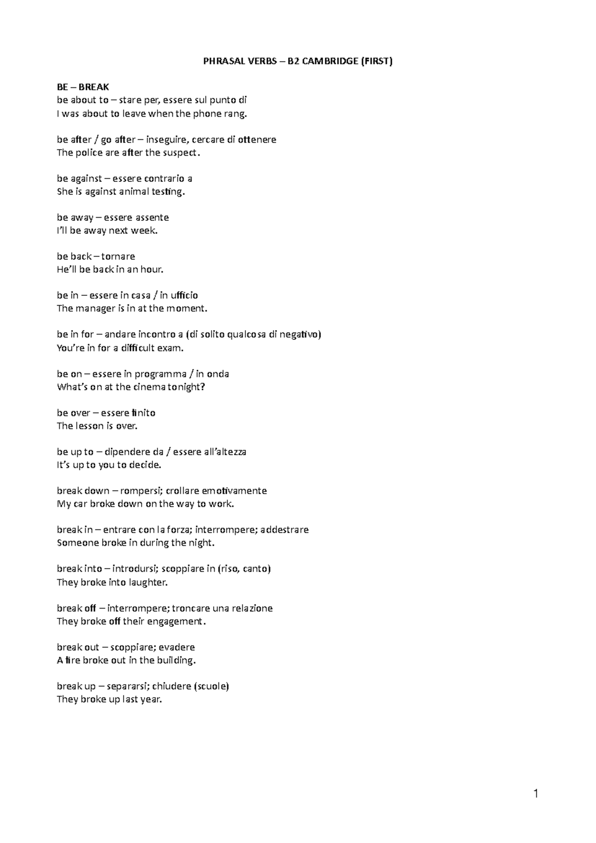 Lista di Phrasal Verbs B2 Cambridge (First) per Studio e Revisione ...