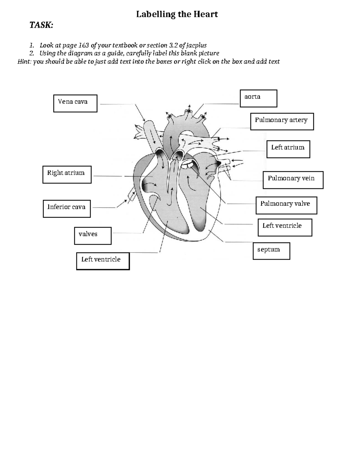 Labelling the Heart worksheet - B-SCI - Labelling the Heart TASK: 1 ...