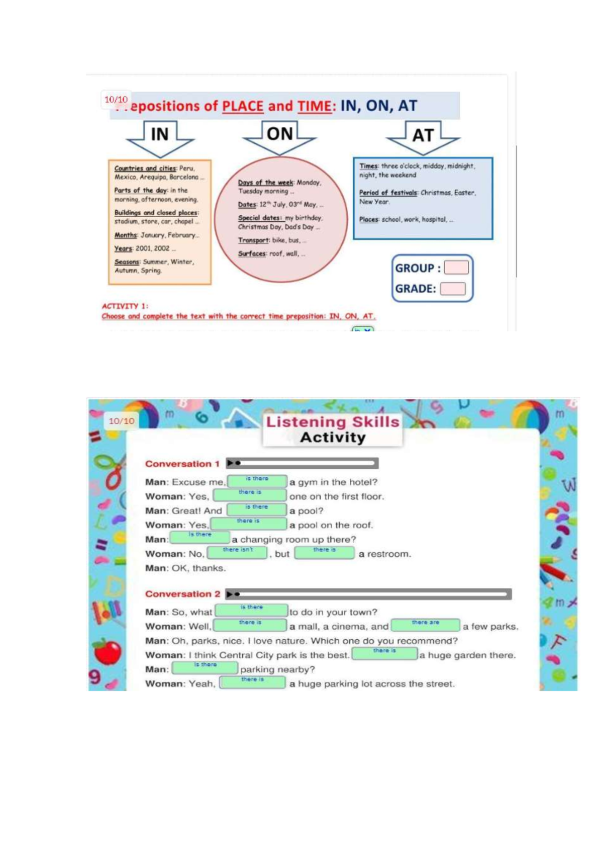 English - Practica: Prepositions of Place and Time (IN, ON, AT) - Studocu