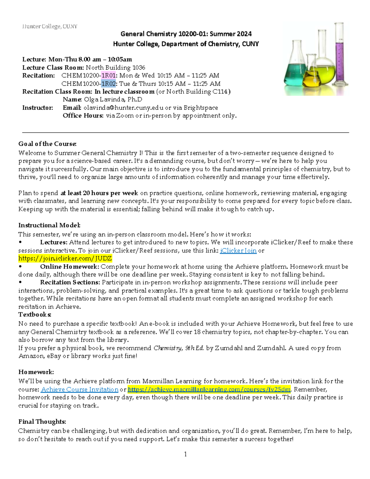 Hunter College, CUNY General Chemistry I Syllabus - Summer 2024 - Studocu