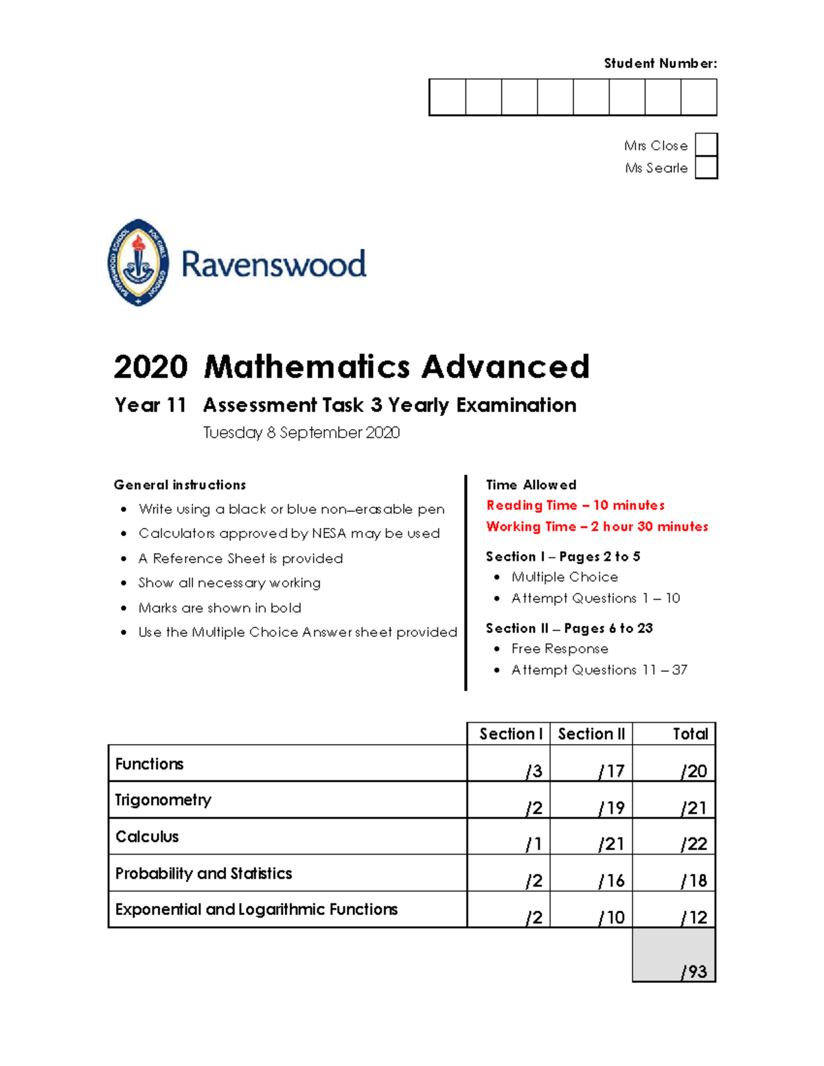 2020 11MAA Year 11 Mathematics Advanced Yearly Exam Paper - Studocu