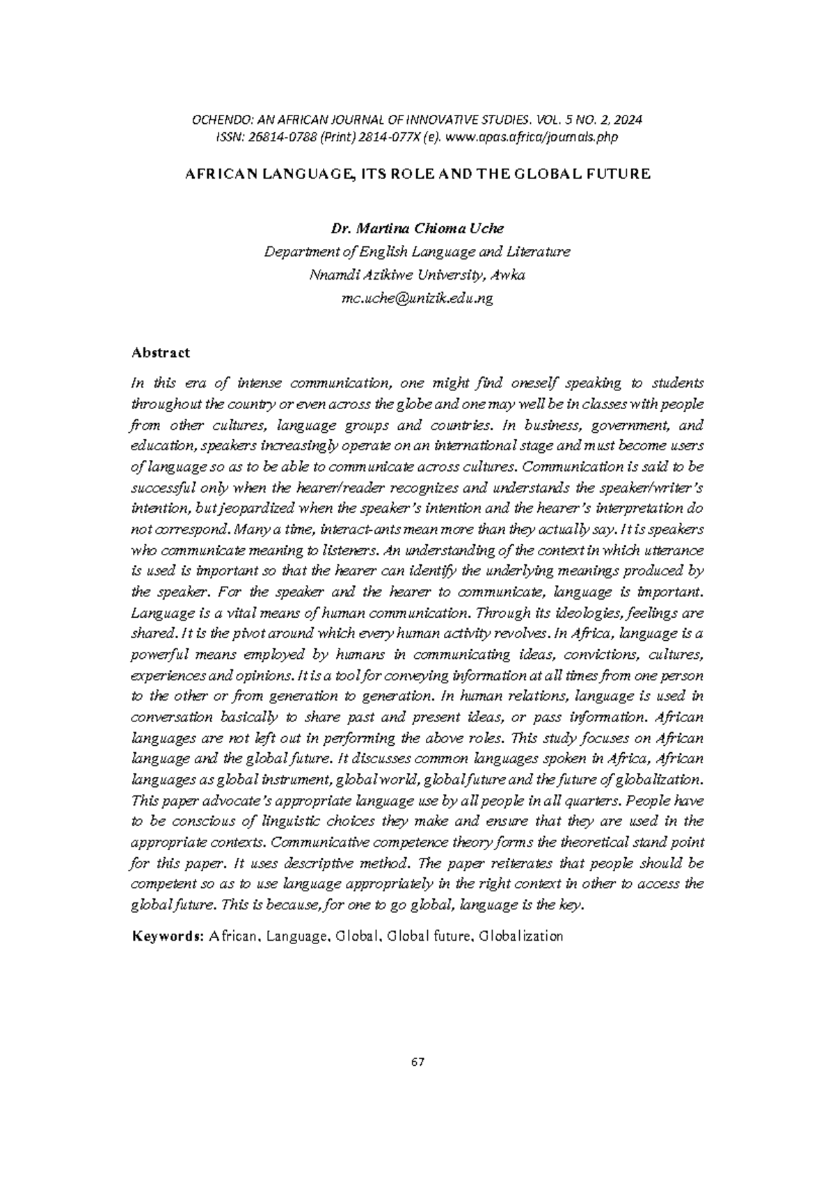 OCHENDO: African Language's Role in Globalization - Vol. 5 No. 2, 2024 ...