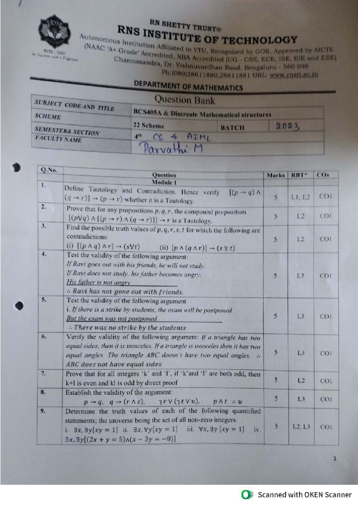 Question Bank DMS: BCS405A Discrete Mathematical Structures 2023 - Studocu