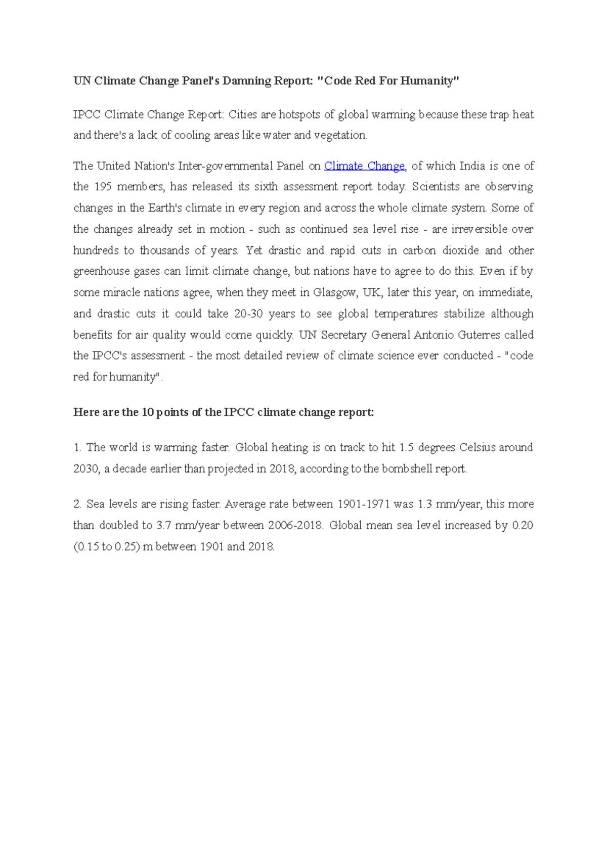 IPCC 2021 Climate Change Report Summary: Code Red for Humanity - Studocu