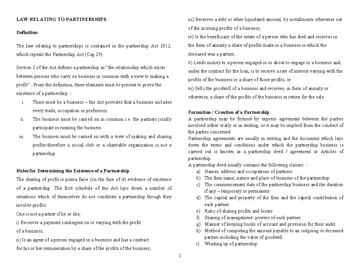 LAW OF PARTNERSHIPS: Key Concepts and Legal Framework Analysis - Studocu