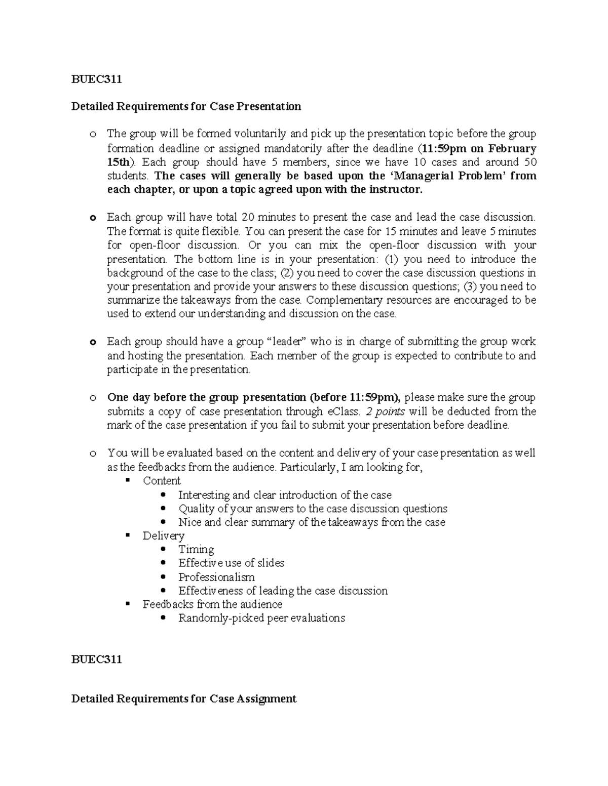 Guidelines for Case Presentation and Assignment - BUEC 311 - Studocu