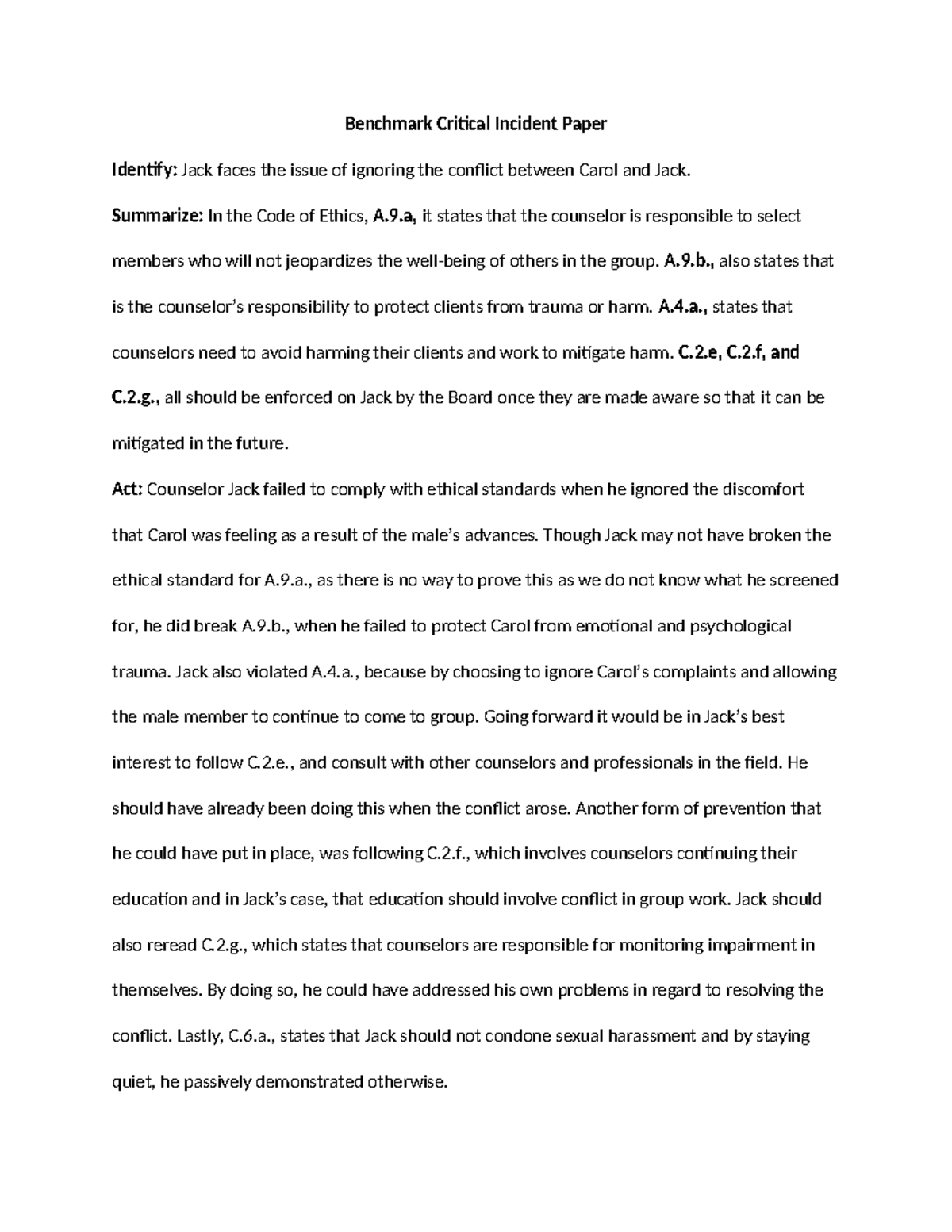 CPSY 501: Benchmark Critical Incident Analysis on Ethical Standards ...
