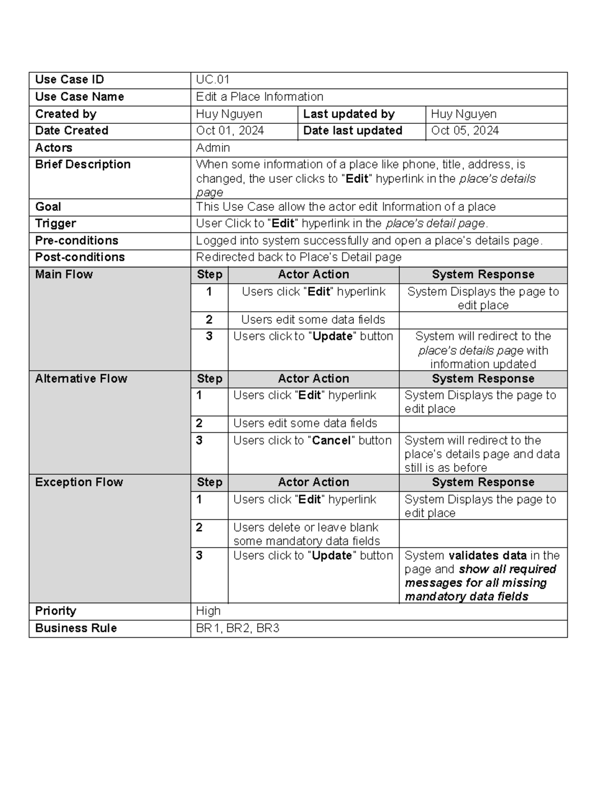 UC Use Case Specification Template for Editing and Managing Employee ...