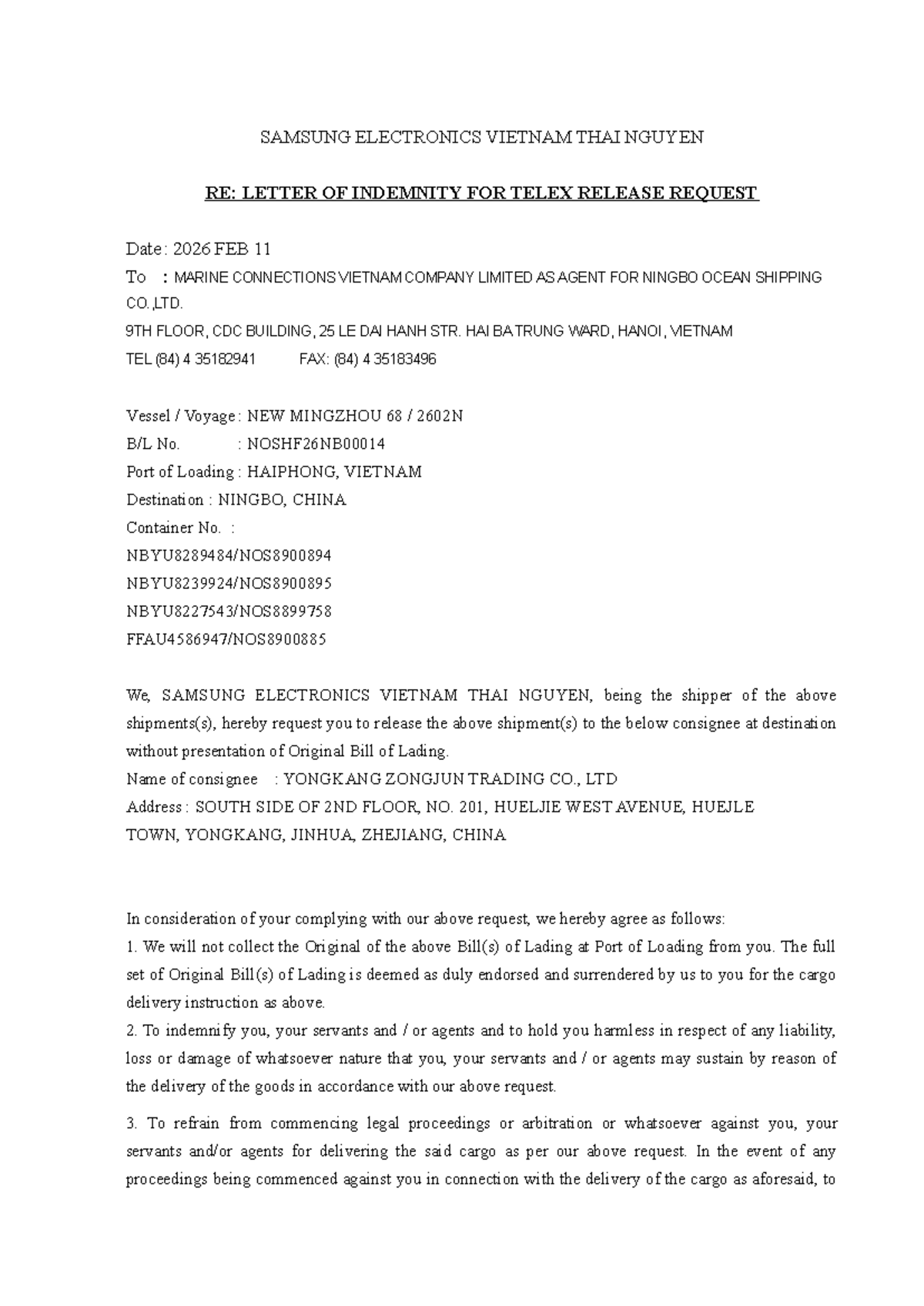 LOI for Telex Release Request - SAMSUNG VIETNAM 26NB00014 - Studocu