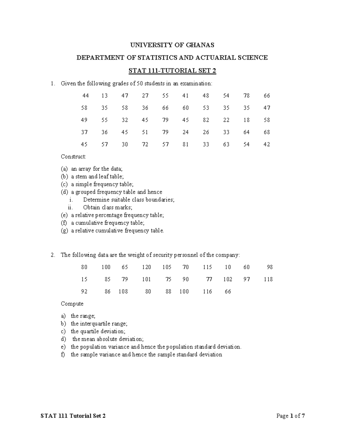 STAT 111 - Tutorial Set 2: Data Analysis and Statistical Techniques ...
