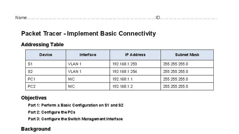 2.7.6 Packet Tracer - Basic Connectivity Configuration Guide - Studocu