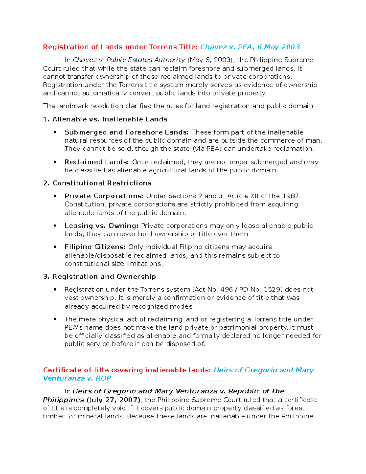 LAND LAW Cases and Notes: Key Rulings on Torrens Title and Public ...