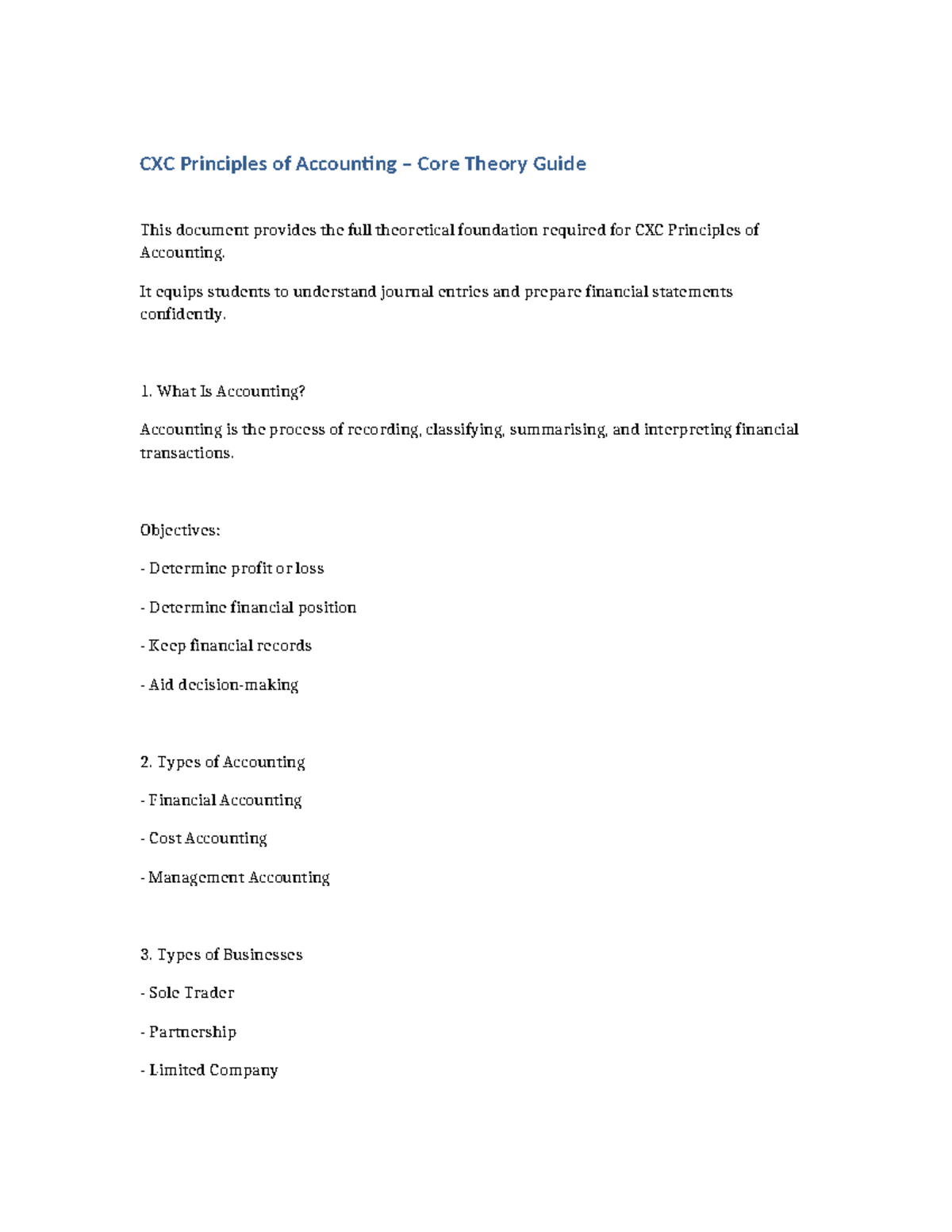 CXC Principles of Accounting: Core Theory Overview Guide - Studocu