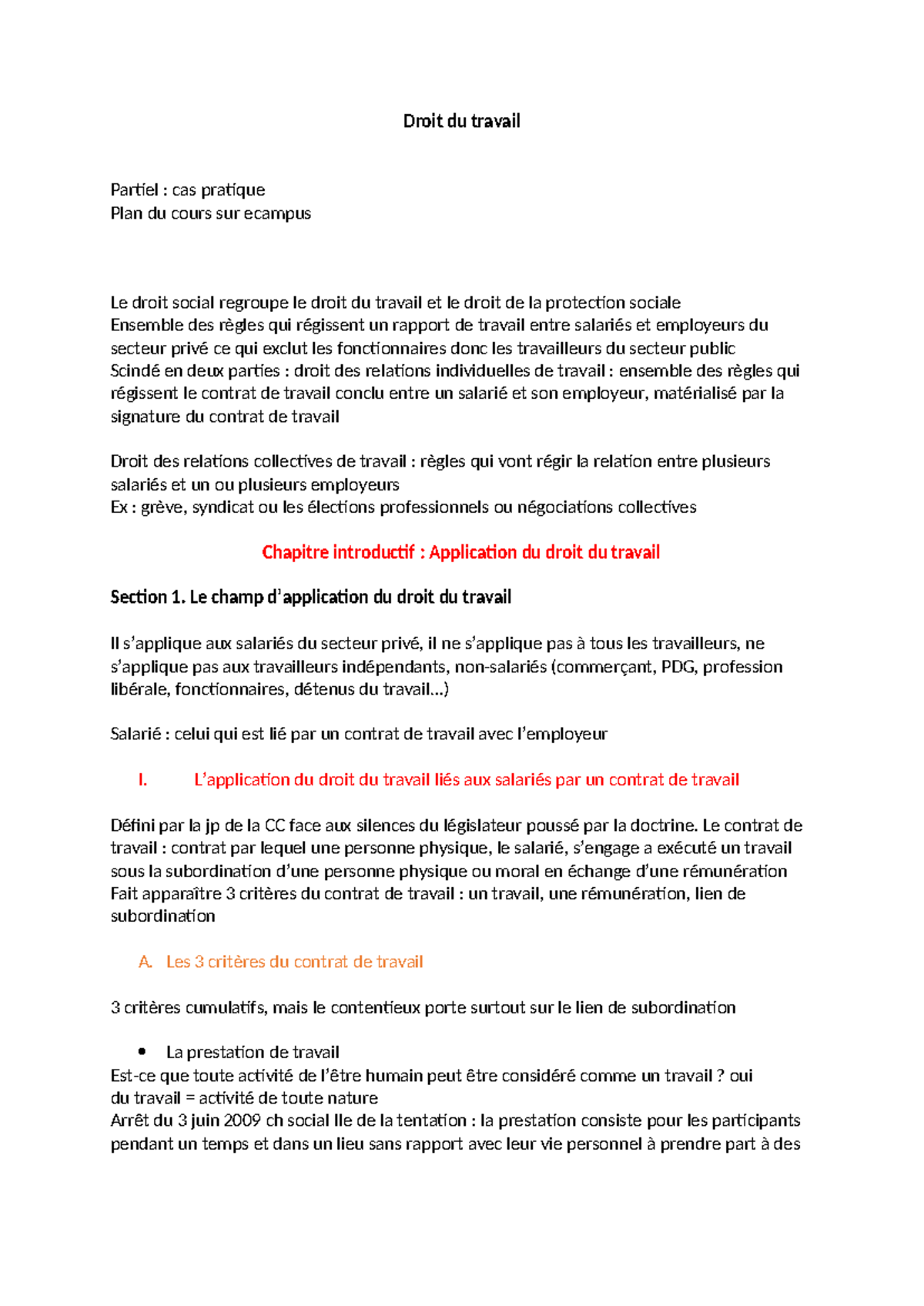 Droit du Travail - Notes de Cours Partiel : Cas Pratique et Concepts ...