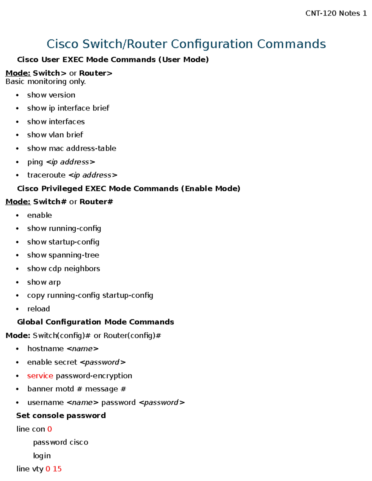 CNT 120 Cheatsheet: Cisco Configuration Commands Overview - Studocu