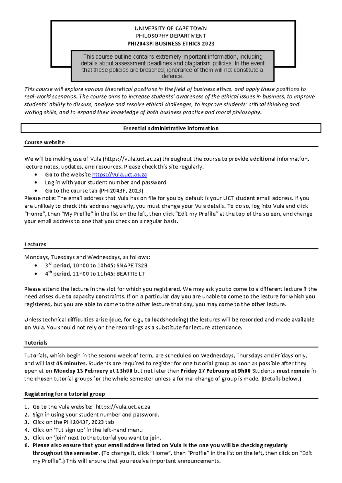 PHI2043F Business Ethics Course Outline & Important Information 2023 ...