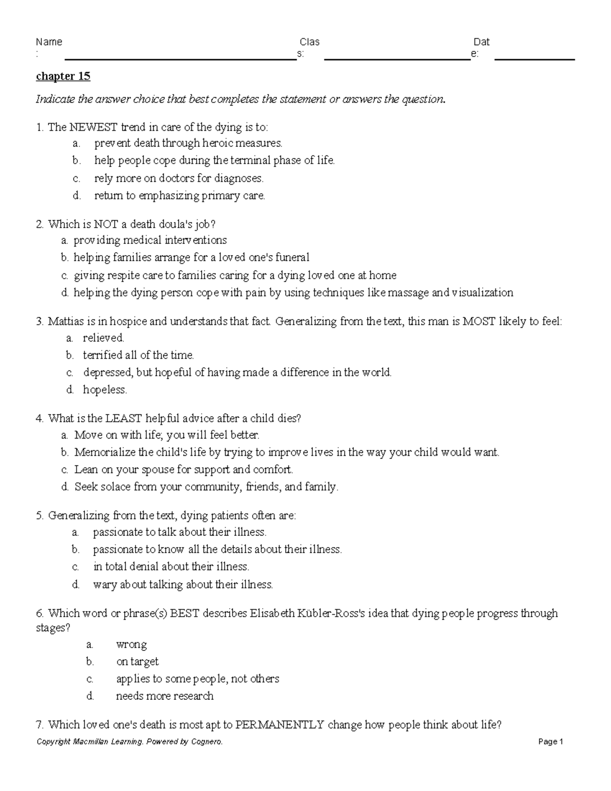Chapter 15 - Study Guide on Care of the Dying and Grief - Studocu