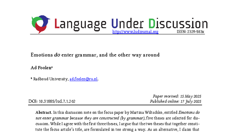 Discussion Note on Emotions and Grammar: Insights from Foolen - Studocu