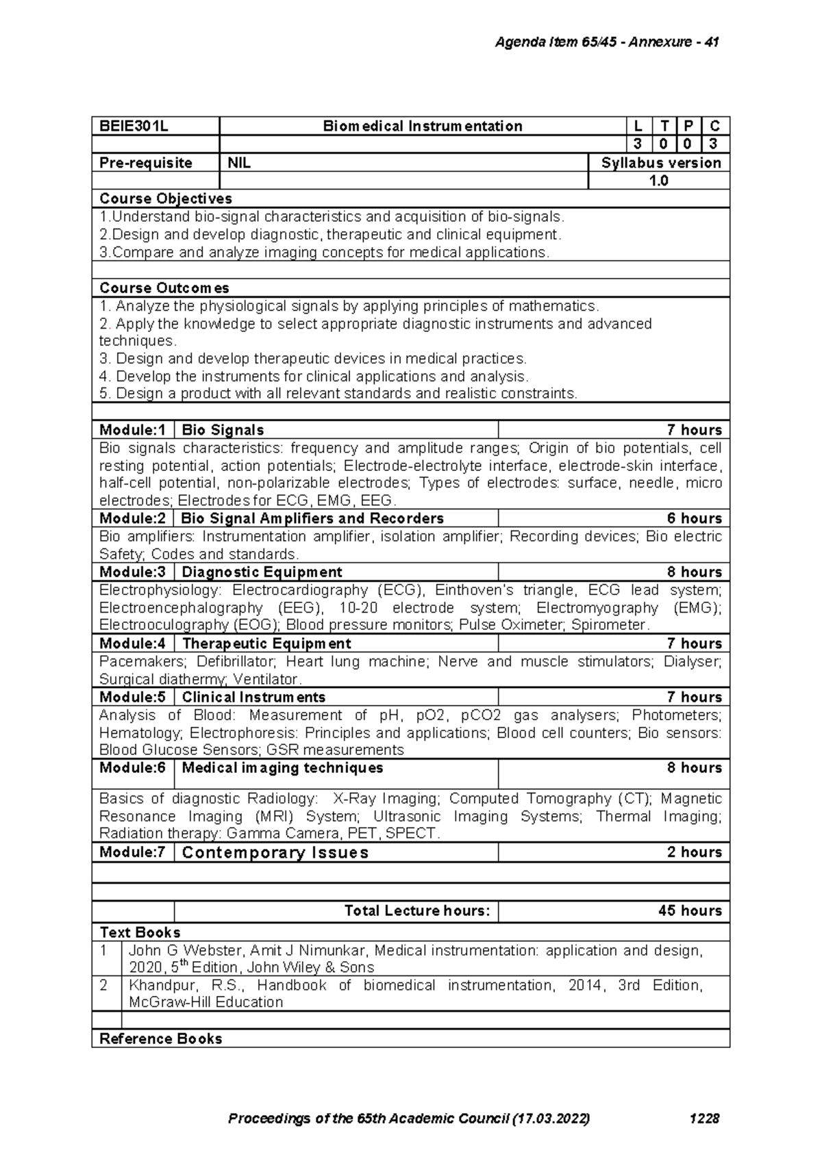 BEIE301L Biomedical Instrumentation Course Agenda and Objectives - Studocu