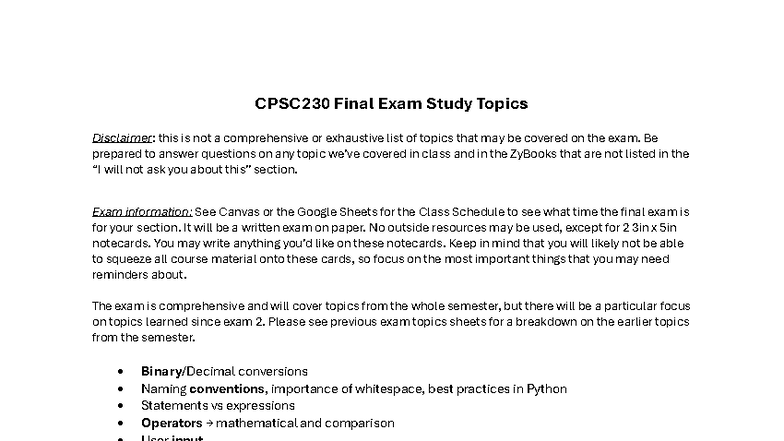 CPSC230 Final Exam Study Guide: Key Topics & Practice Problems - Studocu