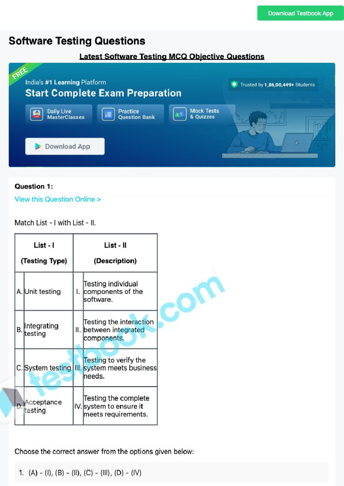 MCQ on Software Testing - Download Testbook App Software Testing ...