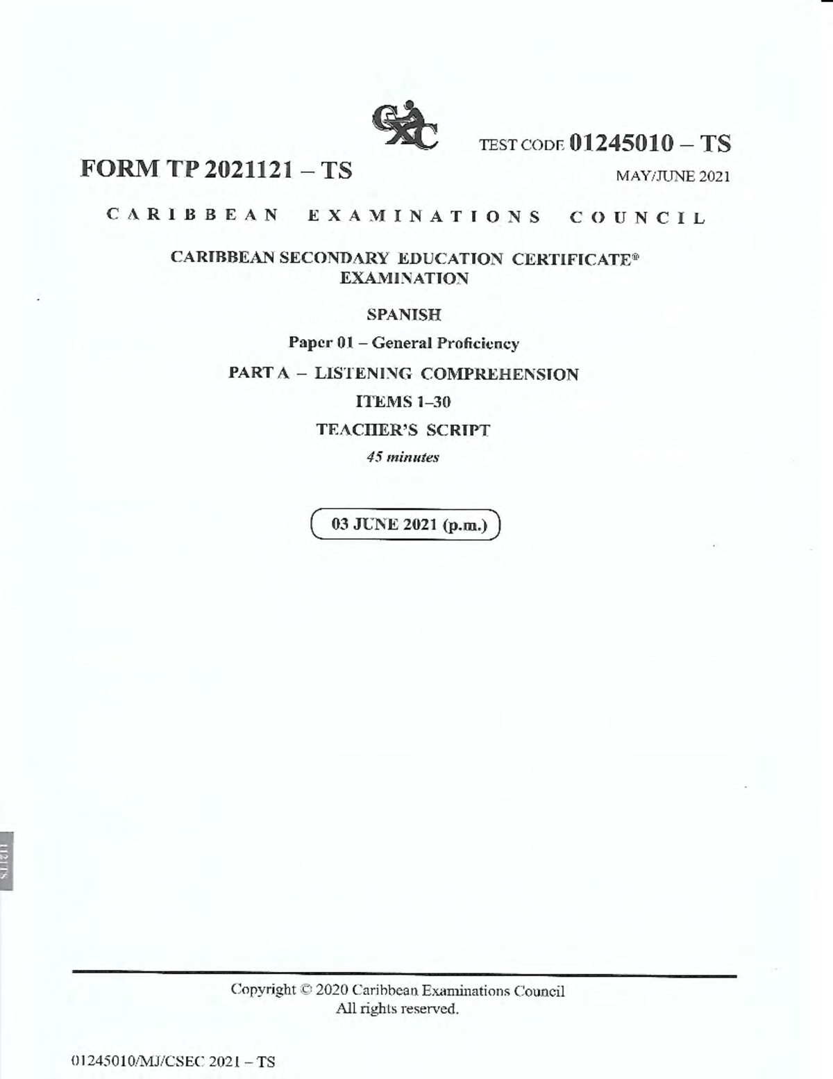 CSEC 01245010 TS June 2021 Spanish Paper 01 Listening Comprehension ...
