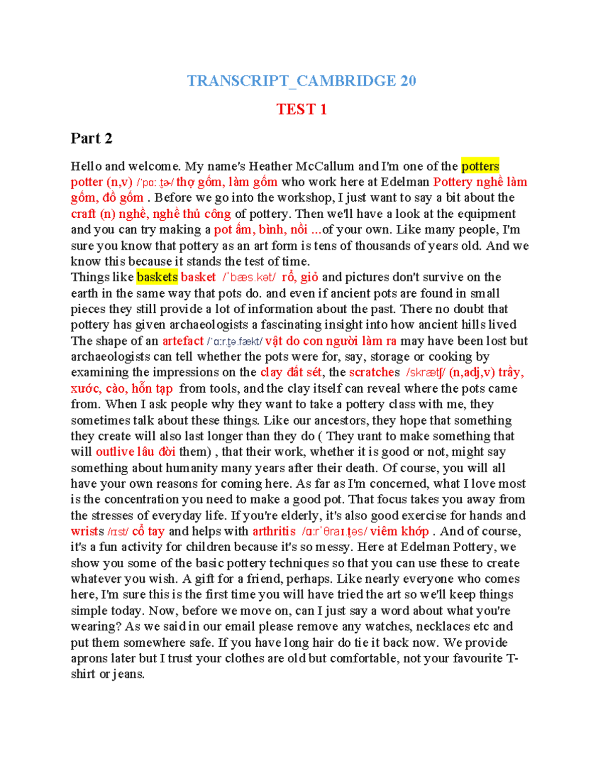 Cambridge 20 Test 1: Pottery Workshop Transcript - Studocu