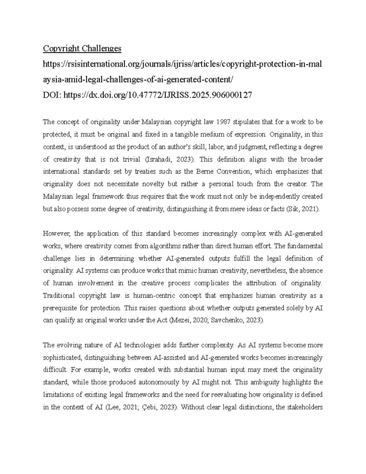 Copyright Challenges in AI: Originality Under Malaysian Law (1987 ...