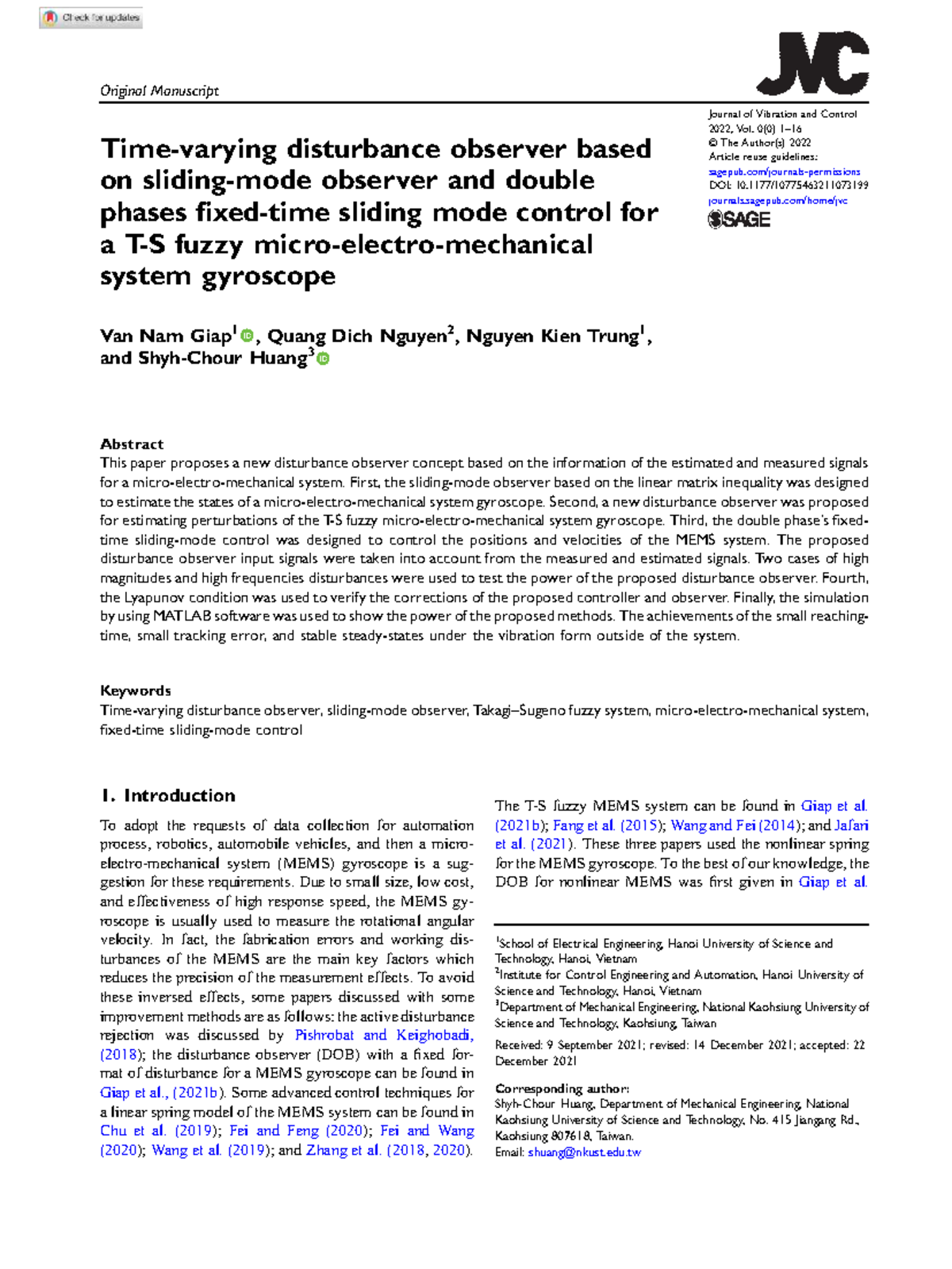 Disturbance Observer Design for Fuzzy MEMS Gyroscope Control (SFC ...