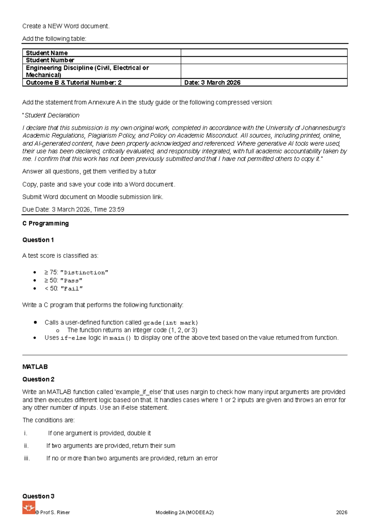Outcome B Tutorial 2: C & MATLAB Programming Tasks (MODEEA2) - Studocu