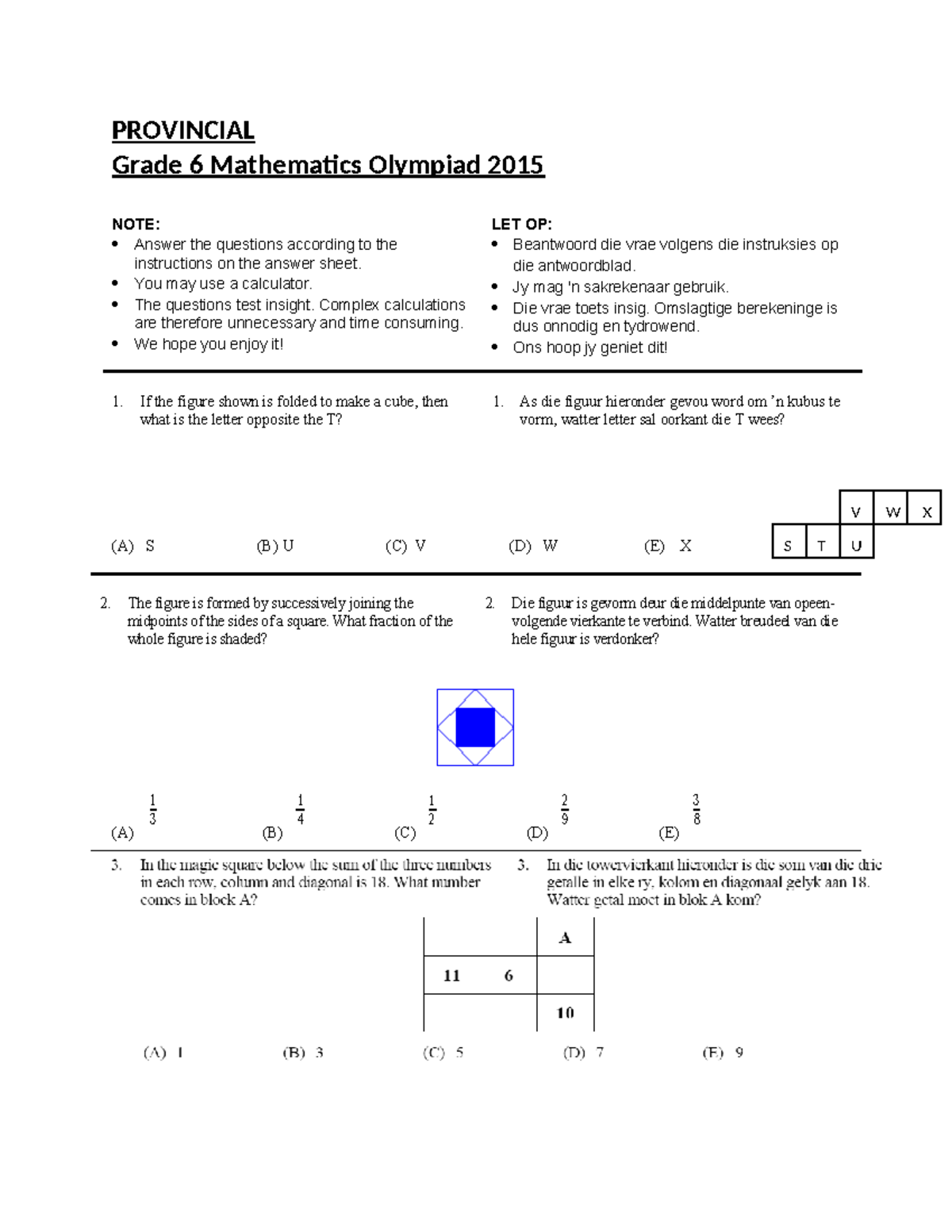 Grade 6 Mathematics Olympiad 2015: Provincial Exam Guide - Studocu