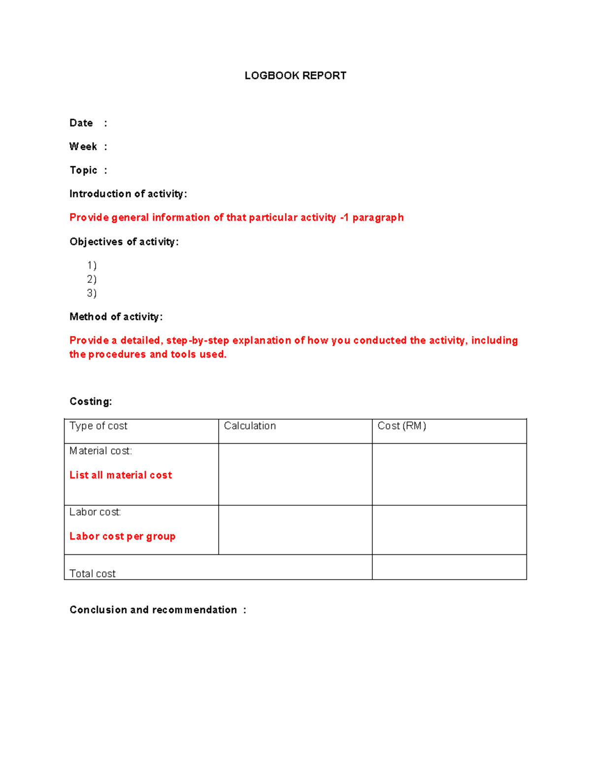Logbook Report: Activity Overview, Objectives, Methods & Costs - Studocu