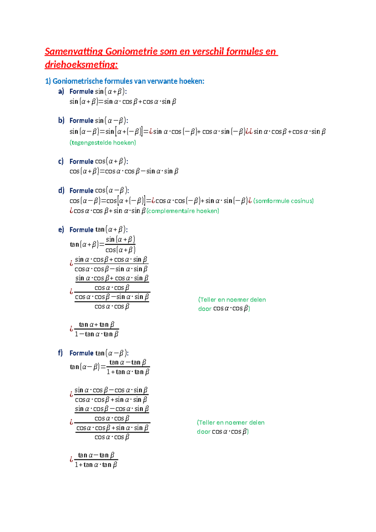 Samenvatting Goniometrie som en verschil formules en driehoeksmeting ...