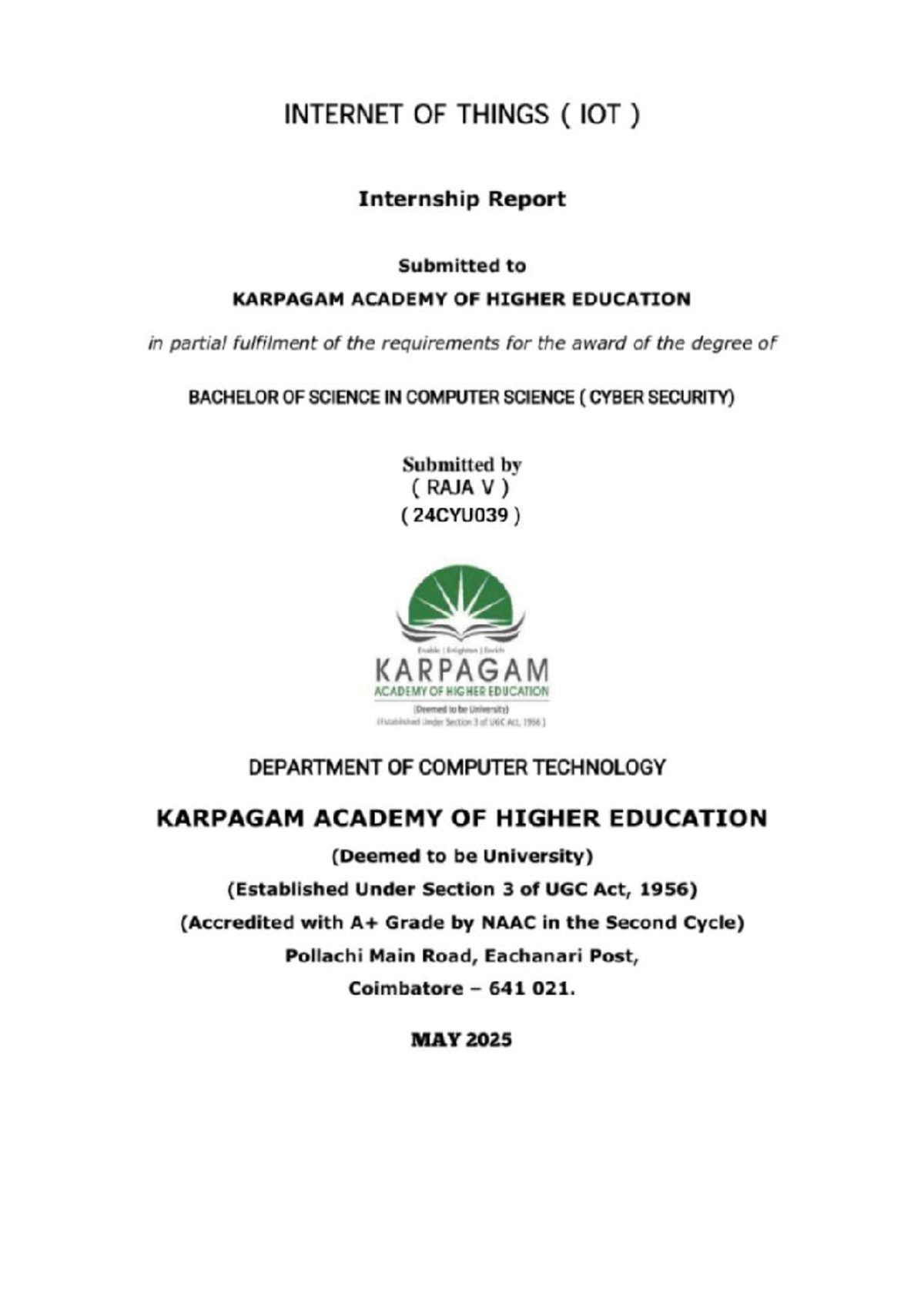IoT Internship Report - B.Sc. Computer Science (Cyber Security) - Studocu