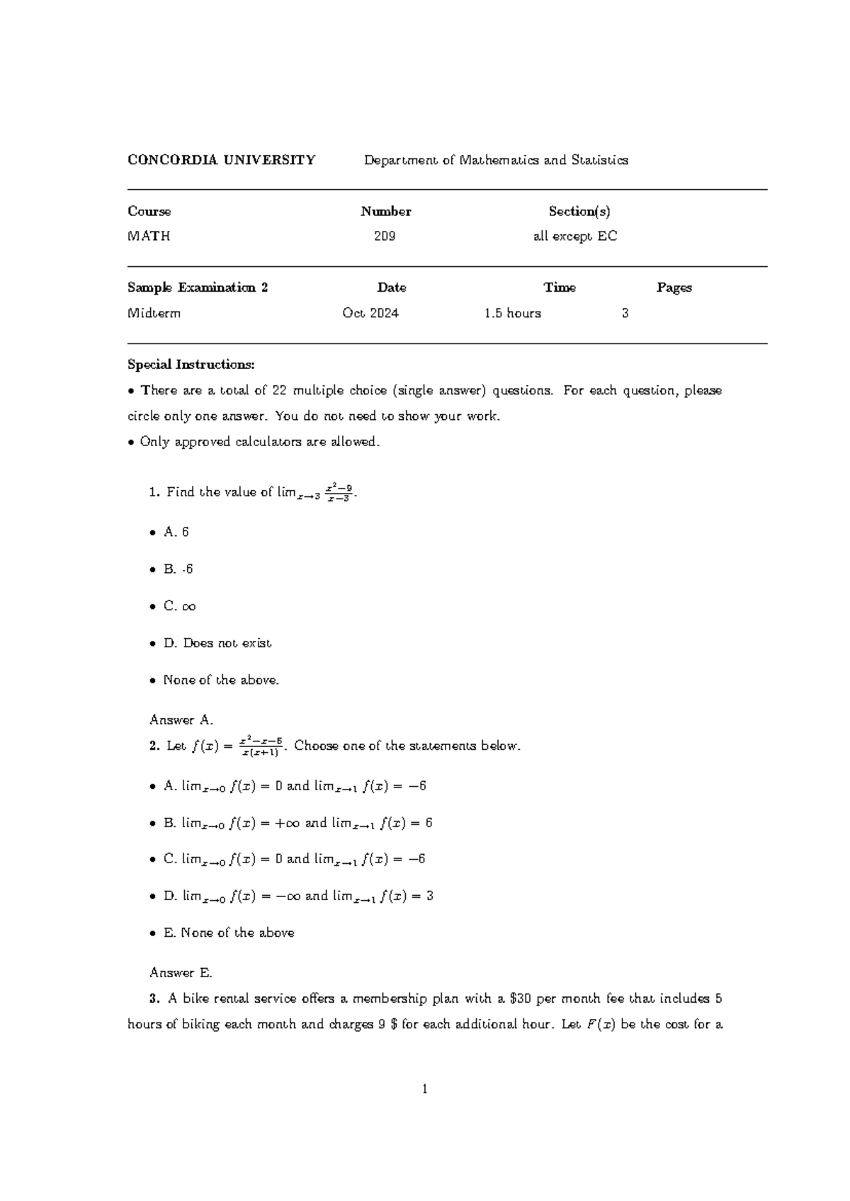 Sample midterm - CONCORDIA UNIVERSITY Department of Mathematics and ...