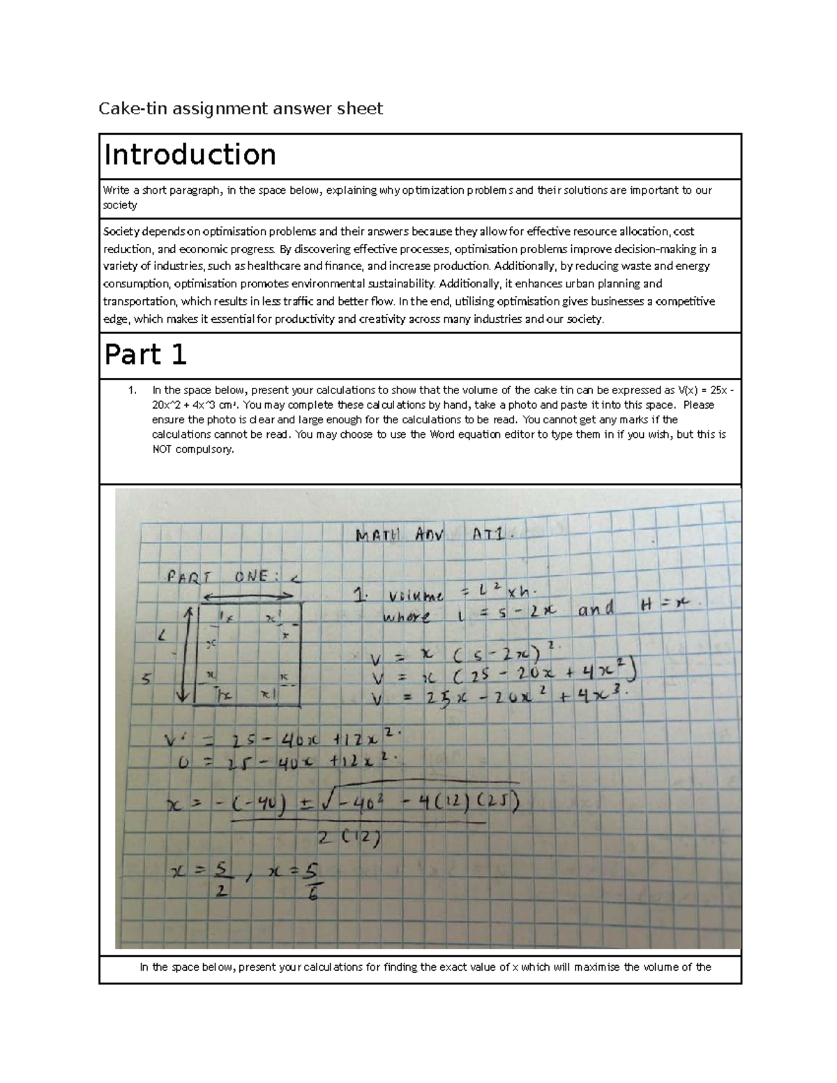 Math Advanced AT1: Optimization Problems & Volume Calculations - Studocu