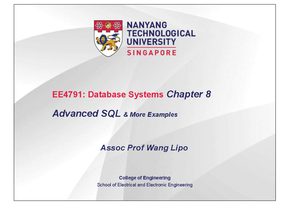 EE4791: Database Systems Chapter 8 SQL Examples and Exercises - Studocu