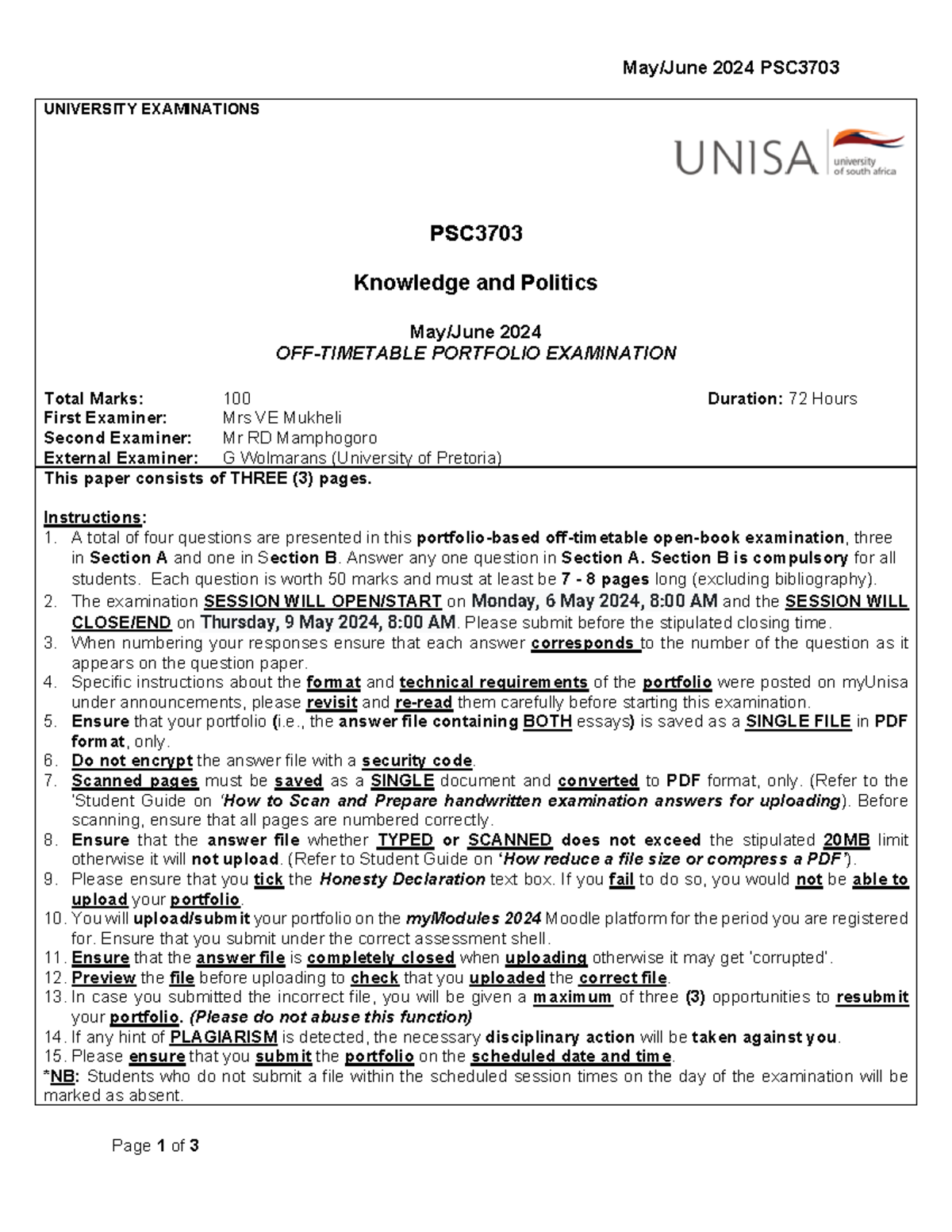 PSC3703 May/June 2024 Off-Timetable Examination Details - Studocu