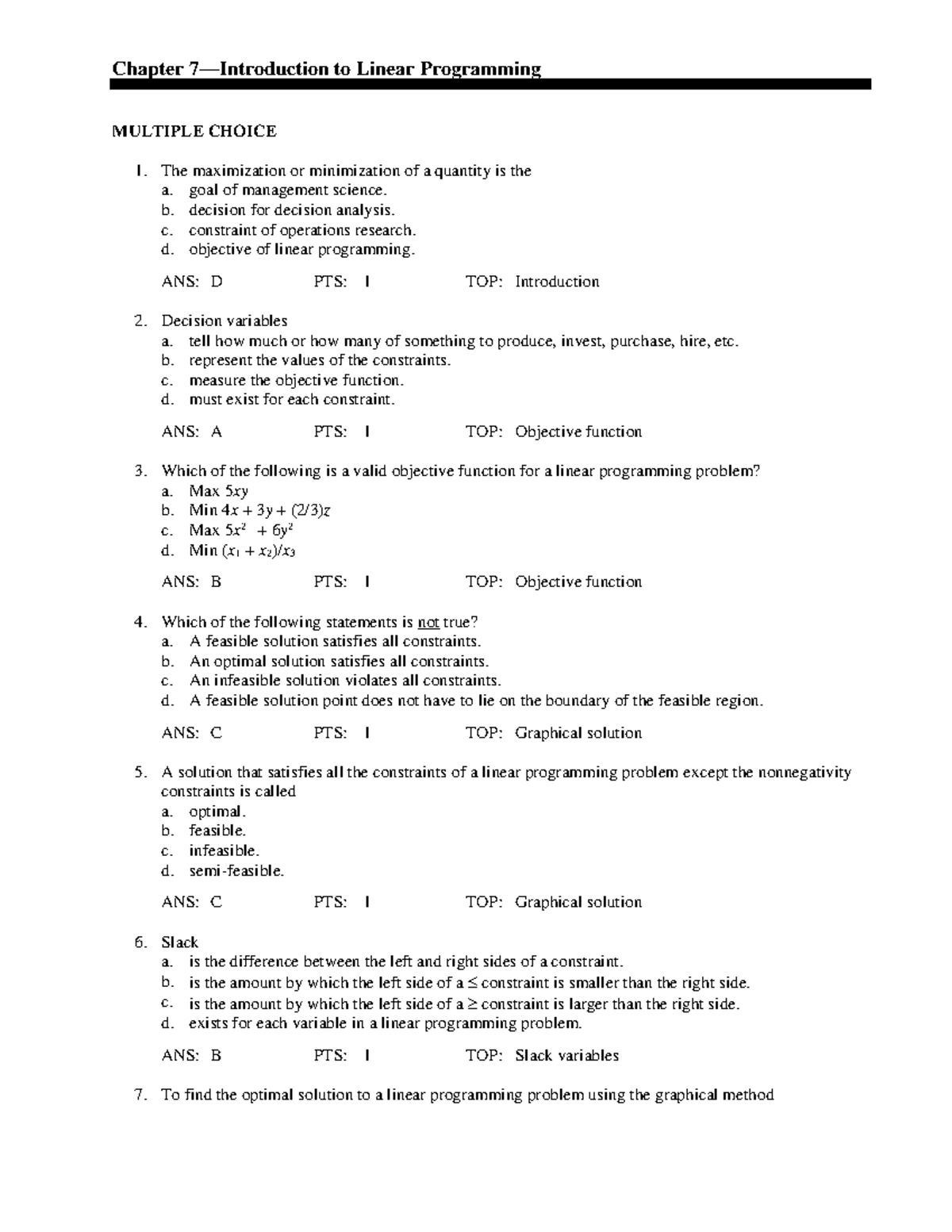 Chapter 7 Solutions: Linear Programming Multiple Choice & Short Answers ...