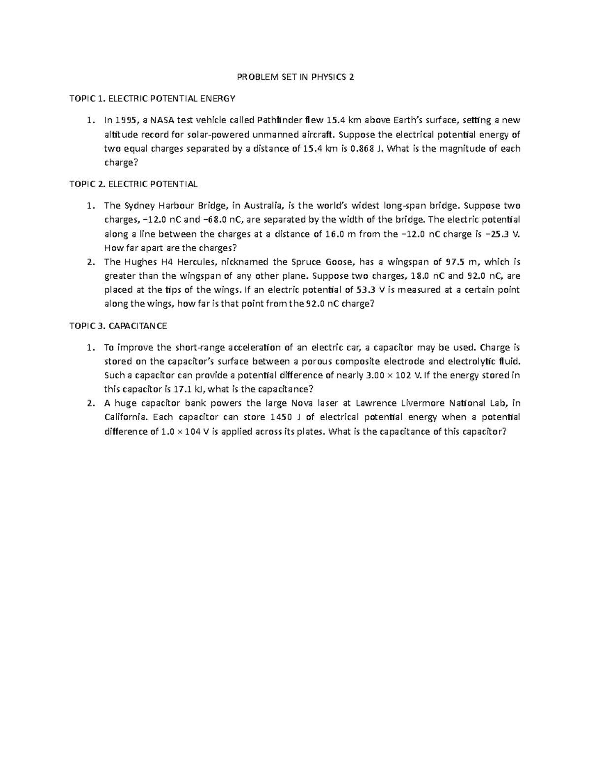 Problem Set - PHYS 2: Electric Potential Energy, Capacitors & More ...