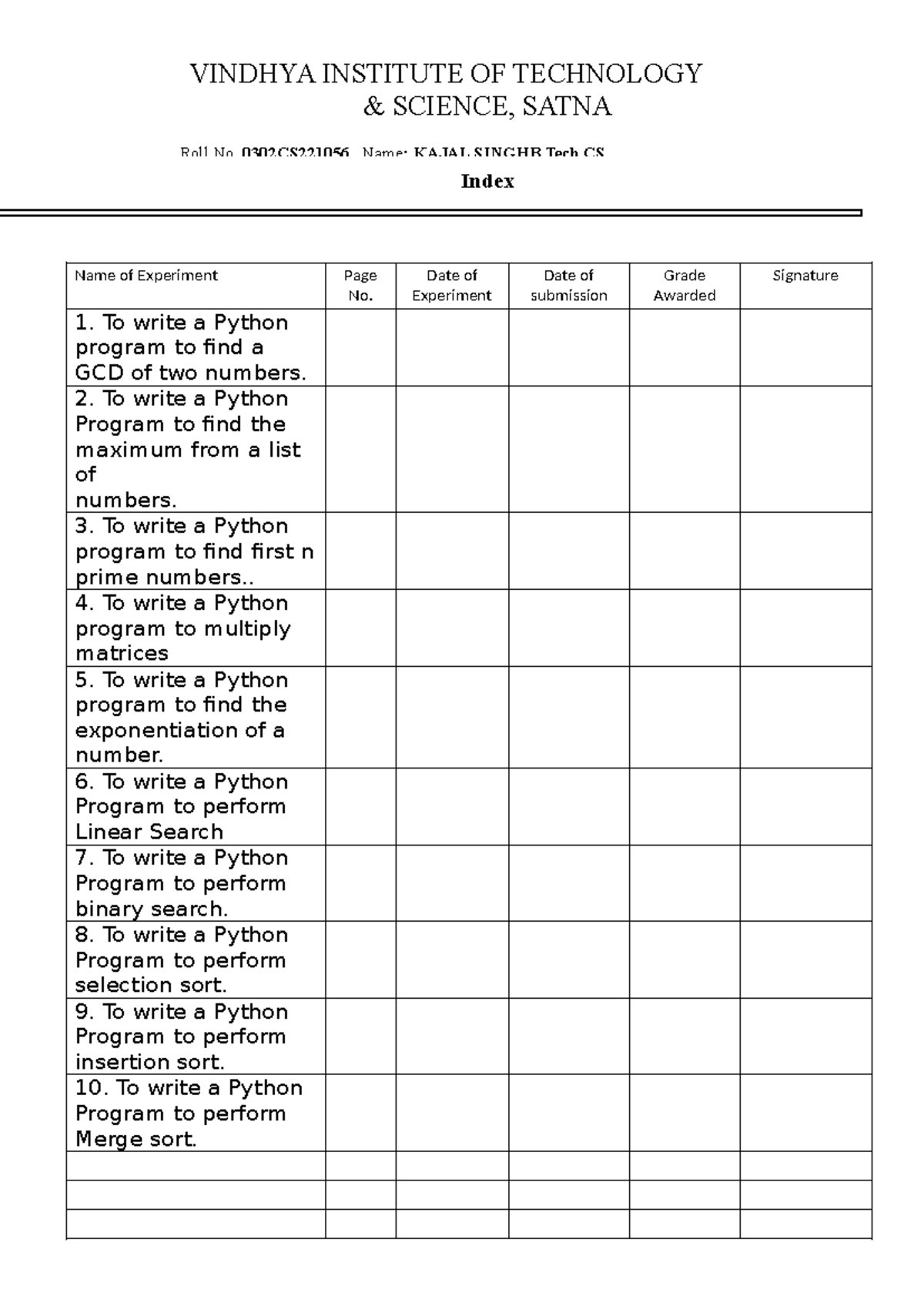 Python index - Name of Experiment Page No. Date of Experiment Date of ...