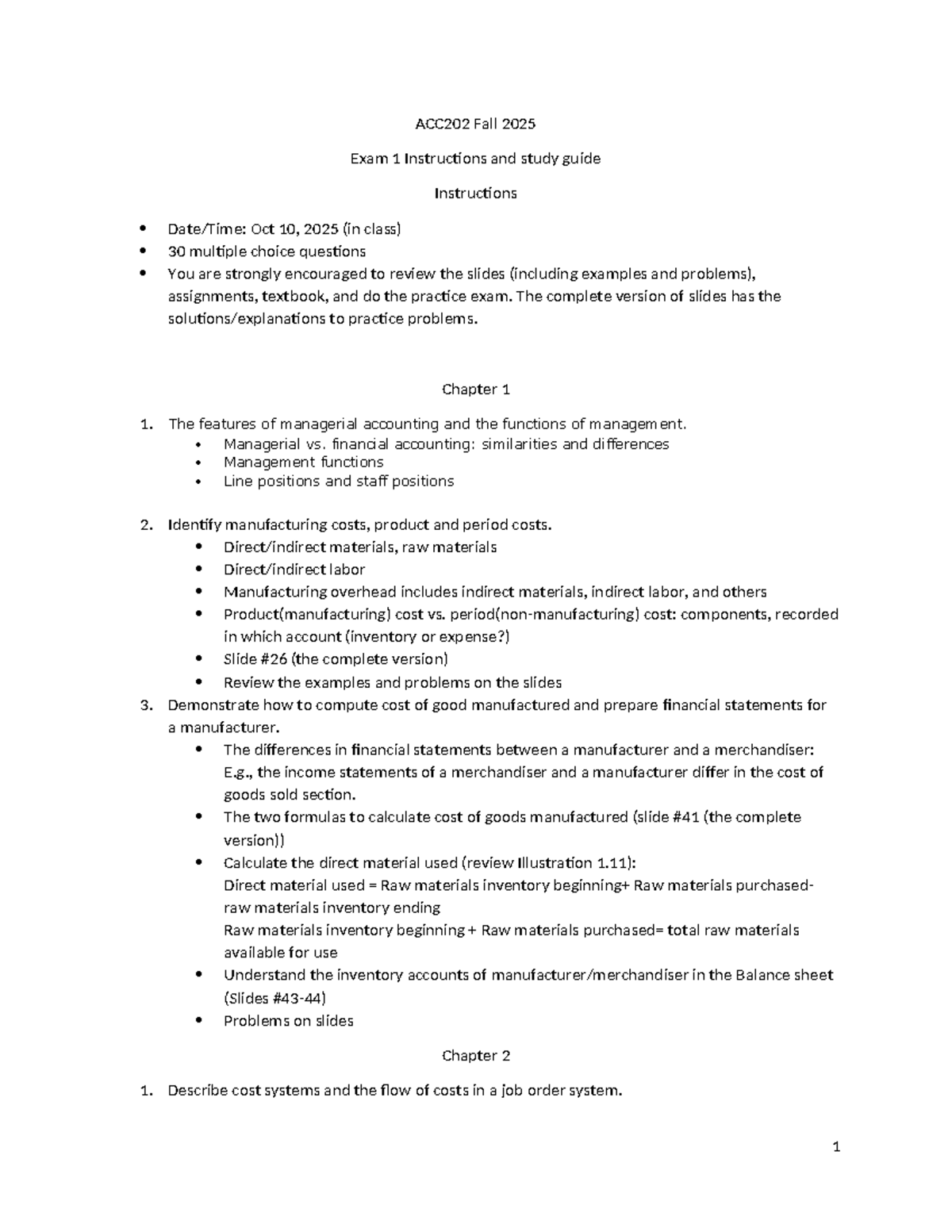 ACC202 Fall 2025 Exam 1 Study Guide: Key Managerial Accounting Topics ...