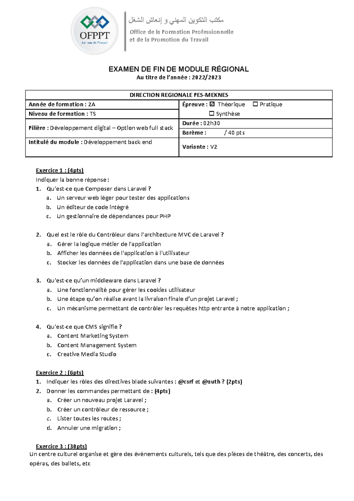 EXAMEN DE FIN DE MODULE RÉGIONAL TS - Développement Back End V2 - Studocu