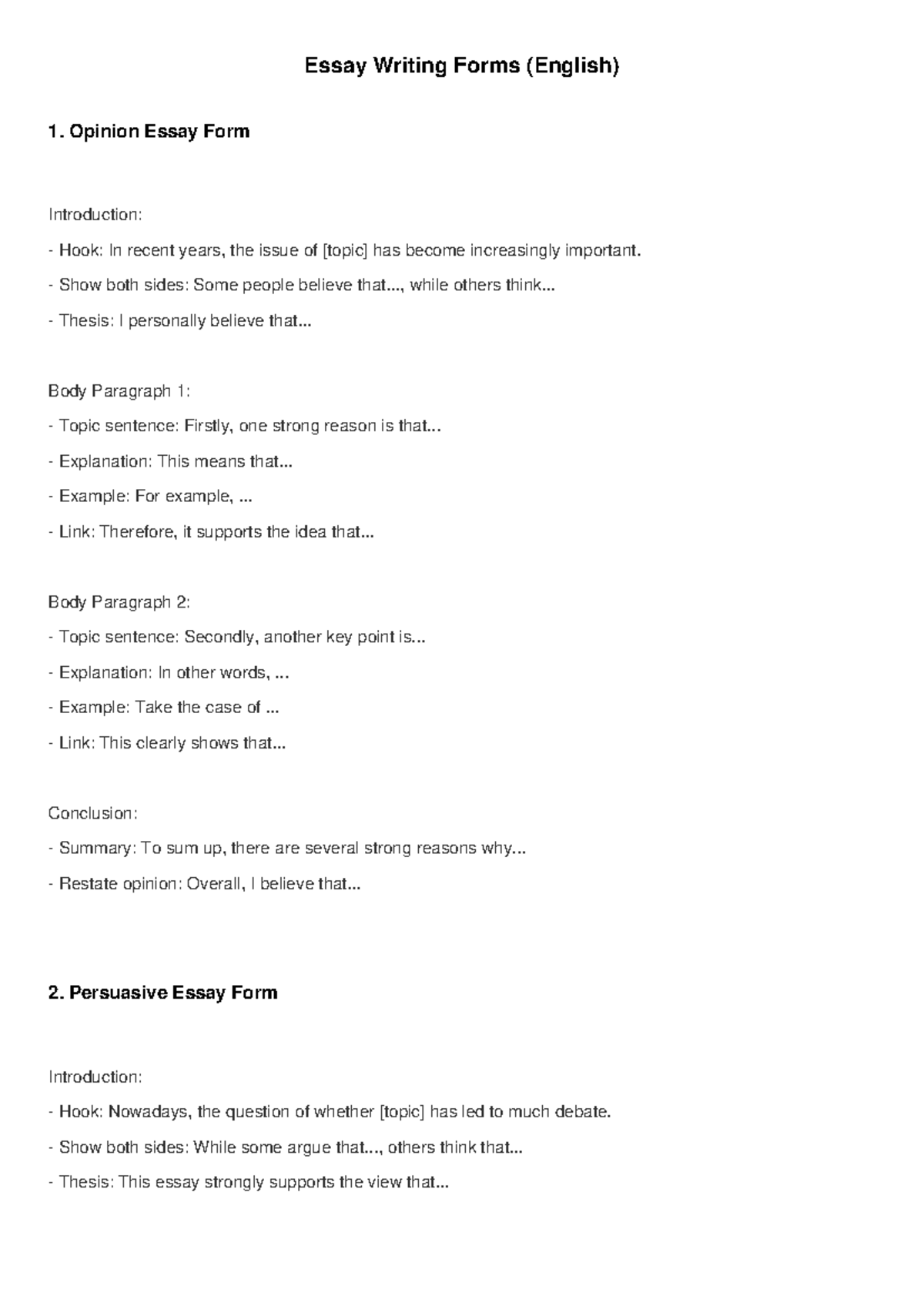 Essay Writing Forms (ENG) - Opinion, Persuasive & Adv/Disadv Essays ...