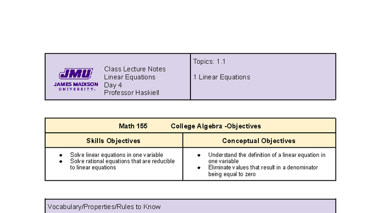 Math 155: Day 4 Lecture Notes on Linear & Rational Equations - Studocu