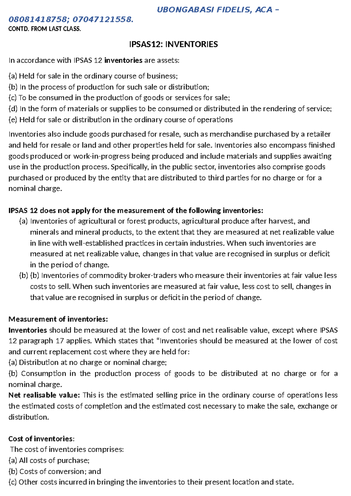IPSAS 12 - Comprehensive Overview of Inventory Management - Studocu
