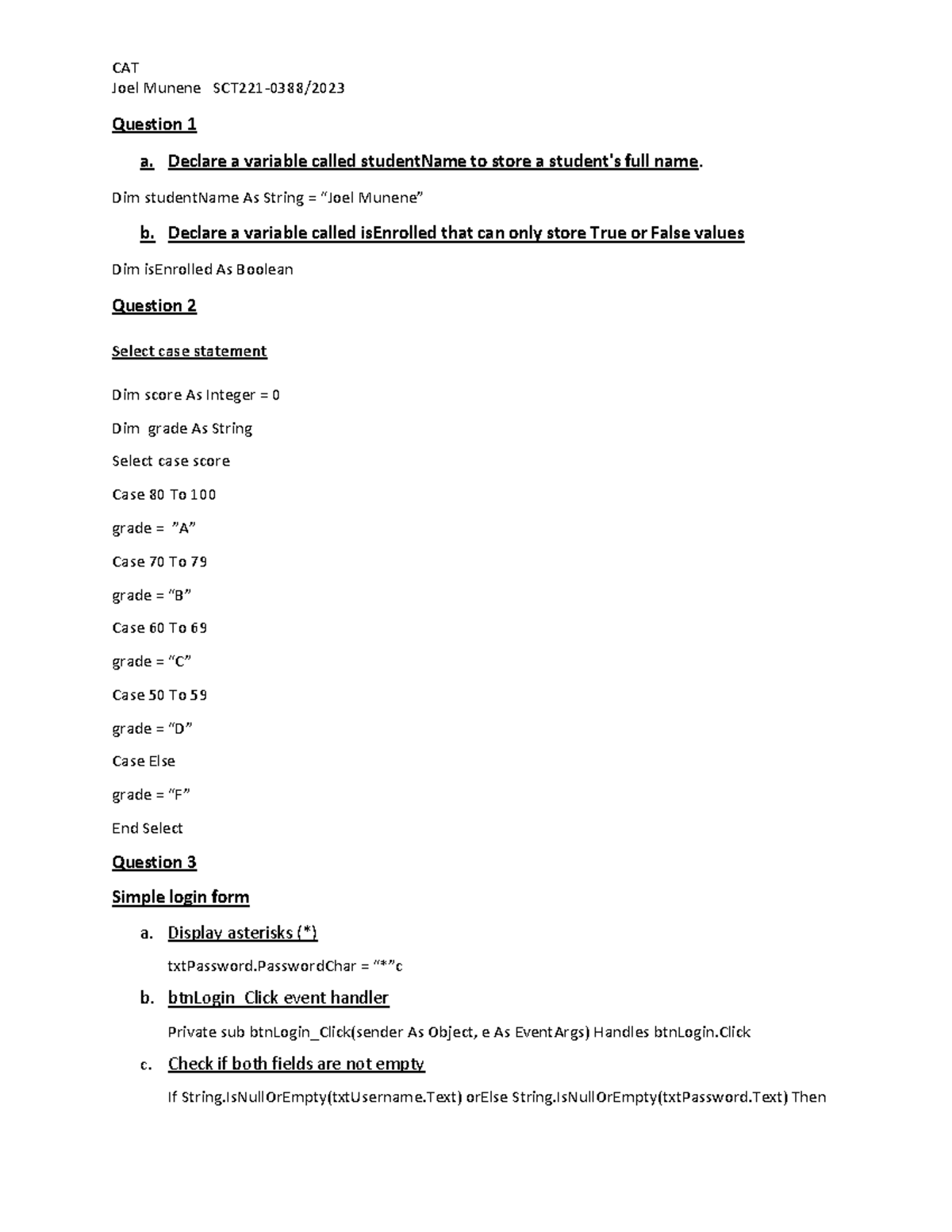 CAT Application Programming Notes: Variables, Select Case, and Login ...