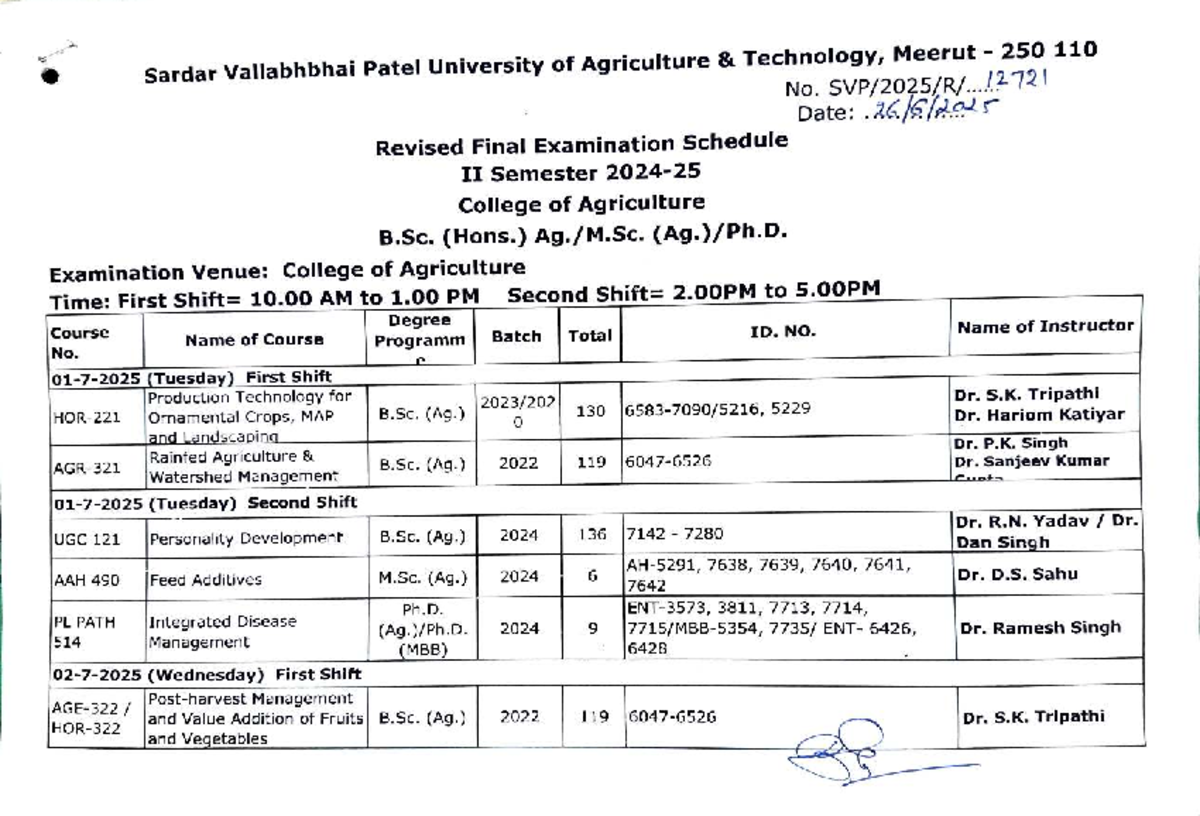 Revised Final Exam Schedule for B.Sc. (Ag.) II Semester 2024 - Studocu