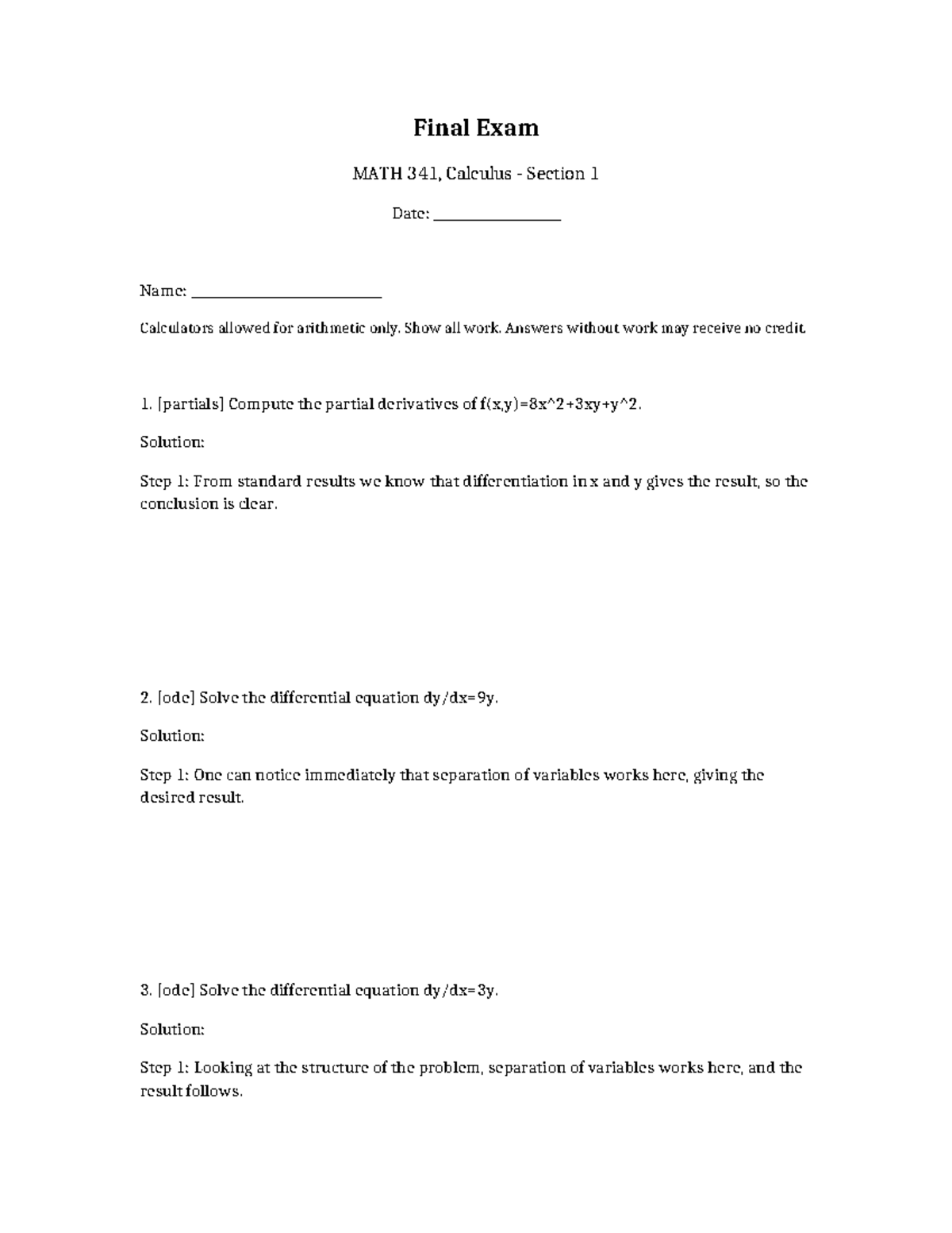 Final Exam Solutions for MATH 341, Calculus Section 1 - Studocu